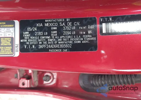 2024 Kia Forte Lxs z USA, uszkodzony, nr VIN 3KPF24AD6RE805602